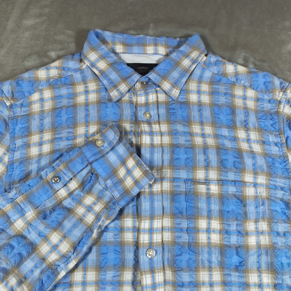 Diesel Shirt Mens Large Blue Plaid Seersucker Button Up Long Sleeve Lightweight